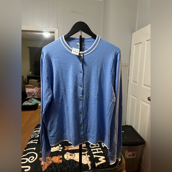 J.Crew Women's Blue Tipped Cotton Cardigan Sweater XL NWT - Preppy Classic - Picture 2 of 9